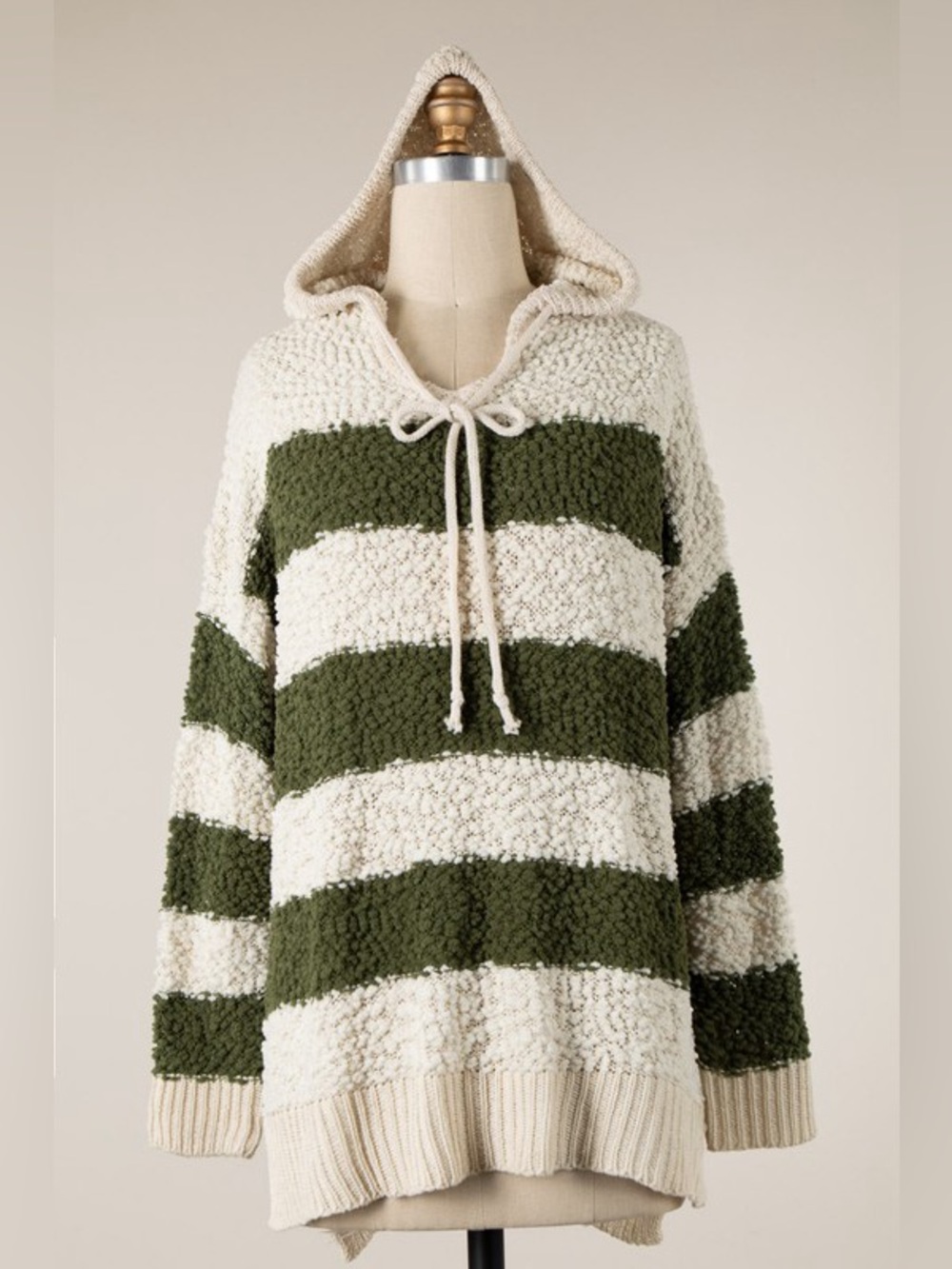 Green popcorn fuzzy Sherpa tie knit comfrt ribbed pullover hoodie sweater